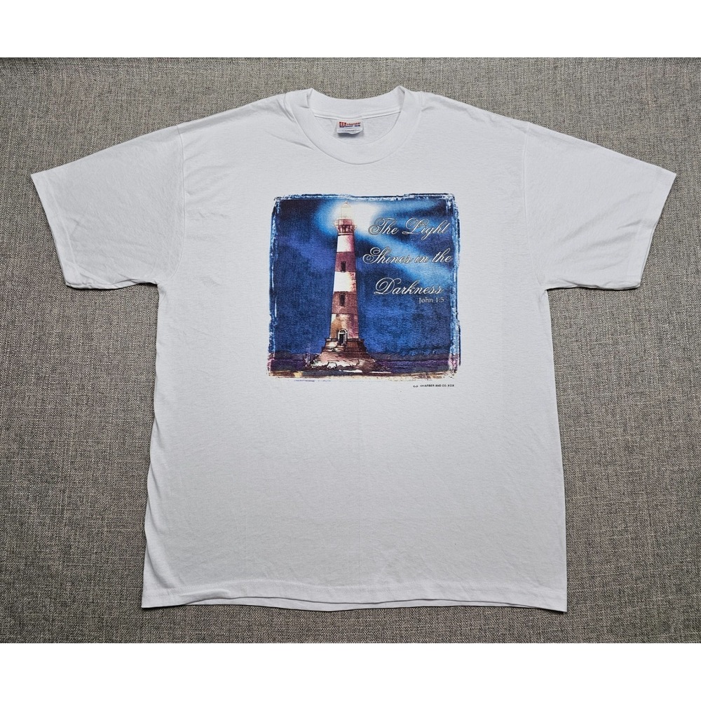 VINTAGE Jesus Shirt Mens Large White Light Of the World Lighthouse Christian 90s